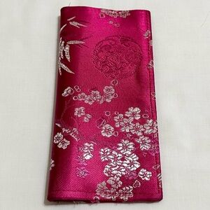 Pink/Silver Silk Asian Bamboo/Floral Patterned Wallet w/4 Inside Pockets + Snap